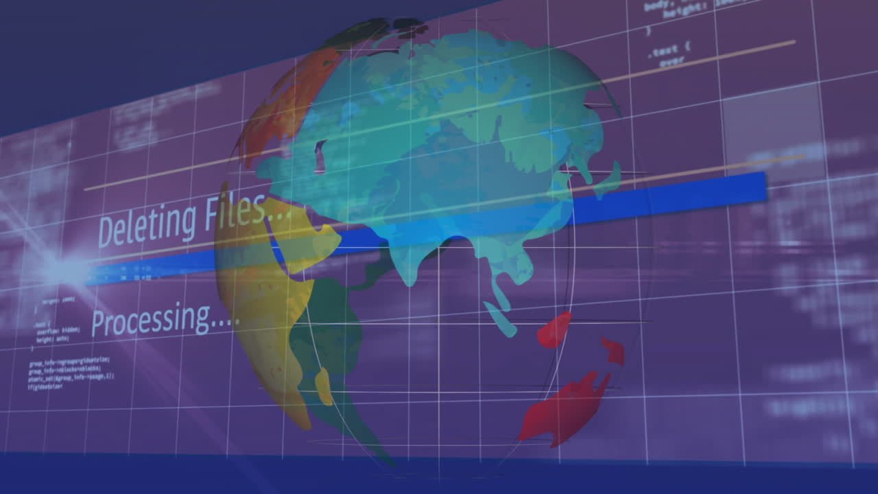 Animation of digital interface on globe showing Deleting Files
