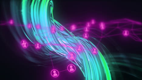 animation of network of connections with people icons over light trails