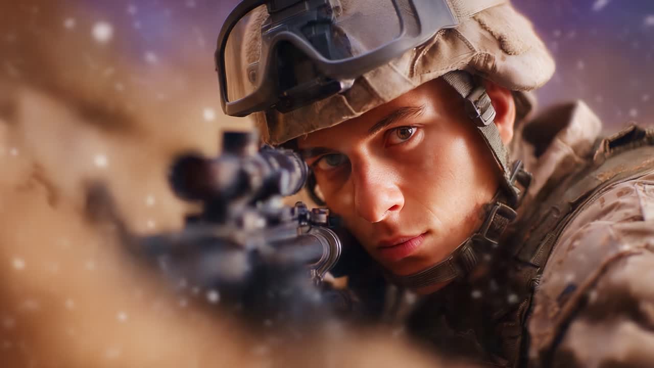 雪の降る状況下でライフルを構え、照準を定める兵士。緊迫した軍事環境における決意と行動への備えを体現しています。
