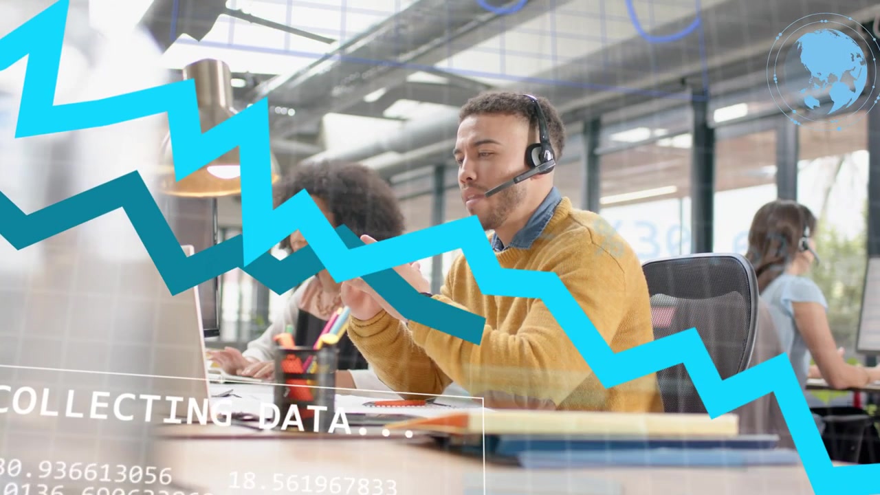 Man speaking into headset in office engaging analytics overlay while pie chart sweeping then fading