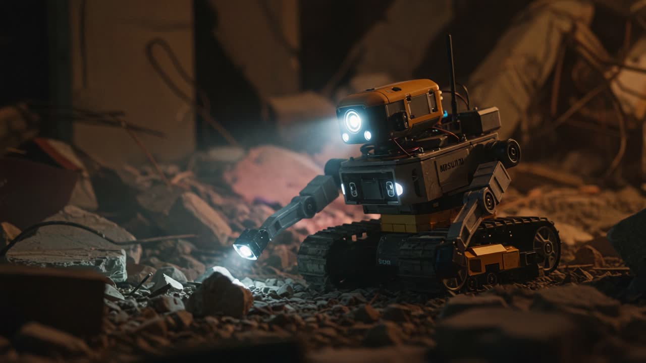 Un Piccolo Robot Esploratore Illumina un Ambiente Pieno di Detriti, Usando la Sua Torcia per Indagare sui Detriti in una Scena Post-Disastro con Intriganti Effetti di Luce e Ombra.