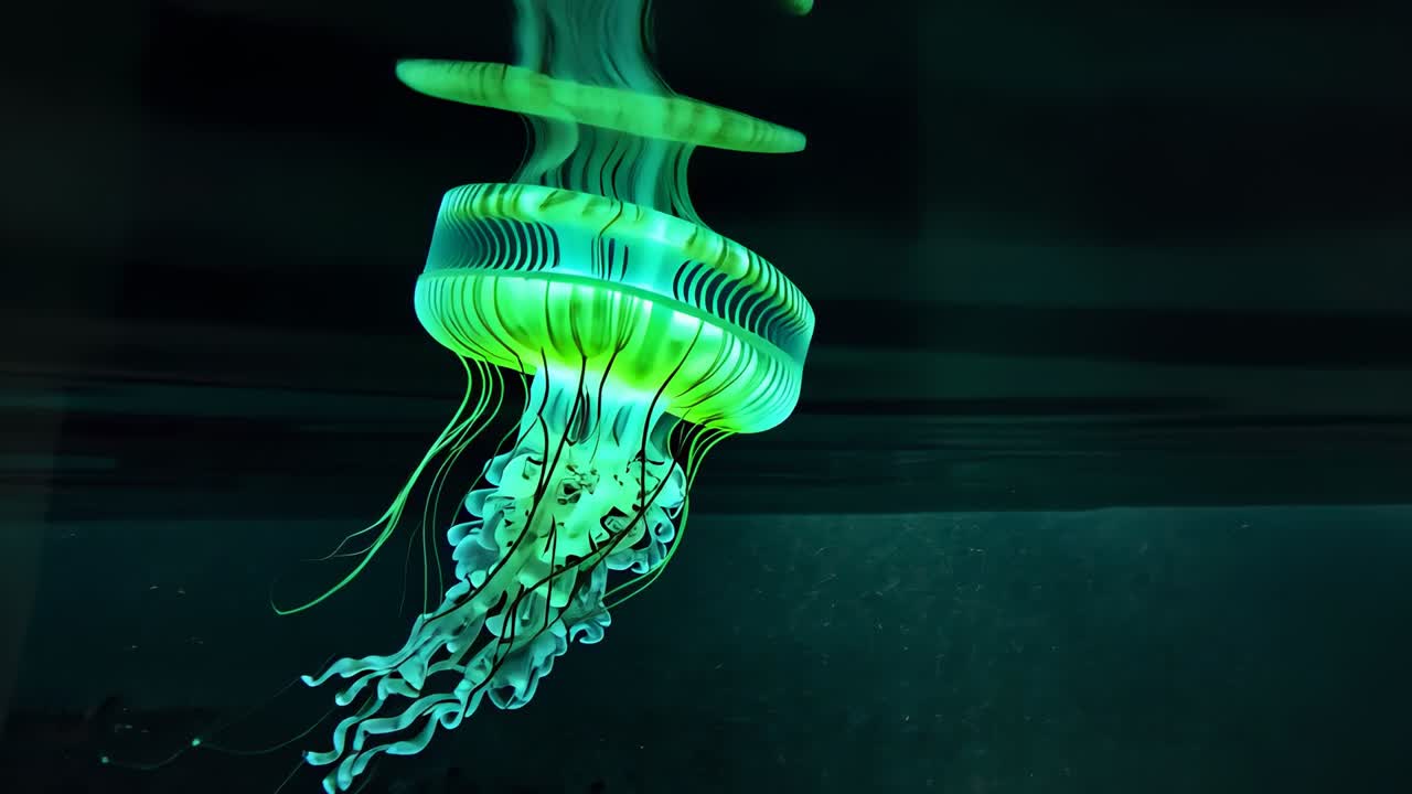 Pulsing teal jellyfish turning and sinking as tank glass forming doubled band, unfurling tentacles