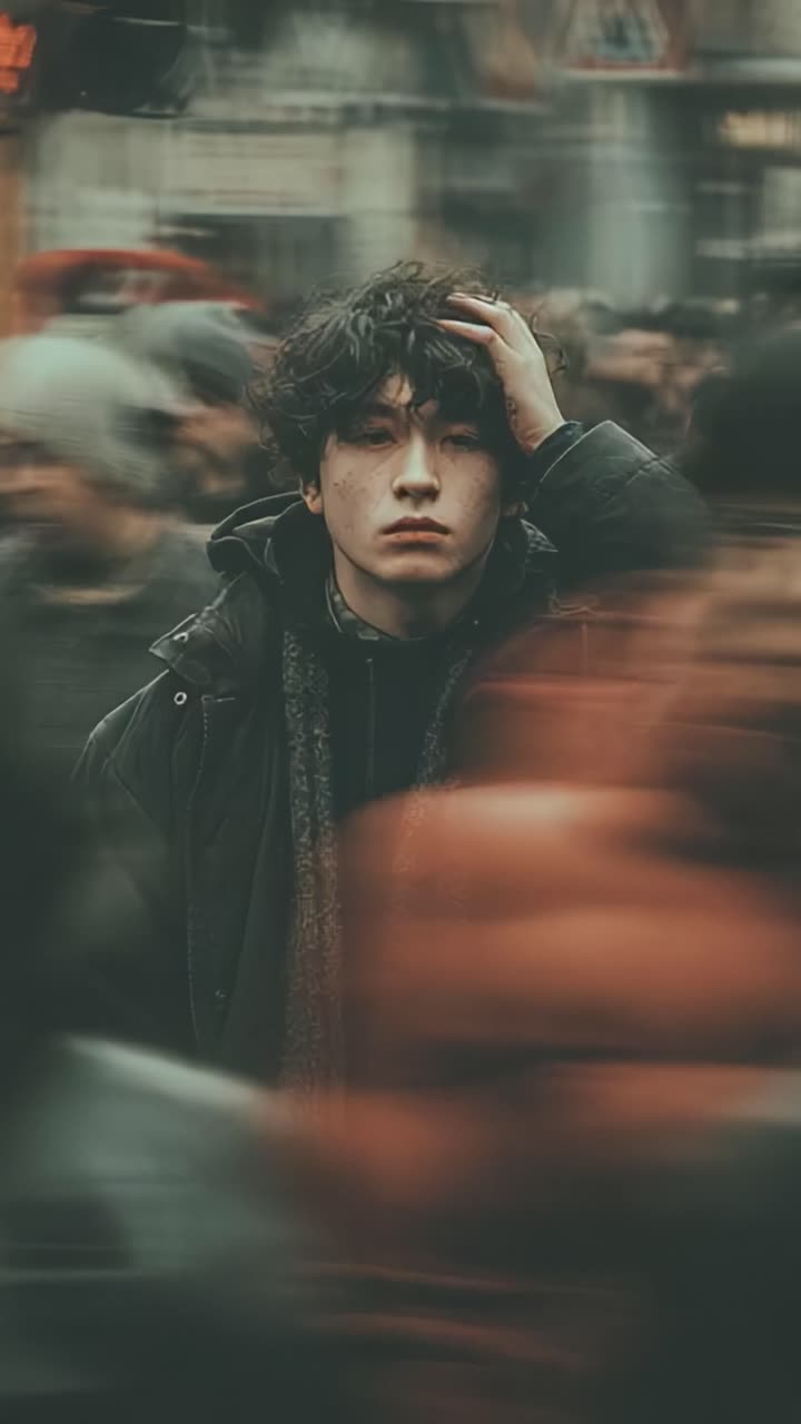 A Contemplative Soul Amidst the Chaos of a Busy City, Capturing Emotions and Thoughts in a Sea of Blurred Faces and Movement