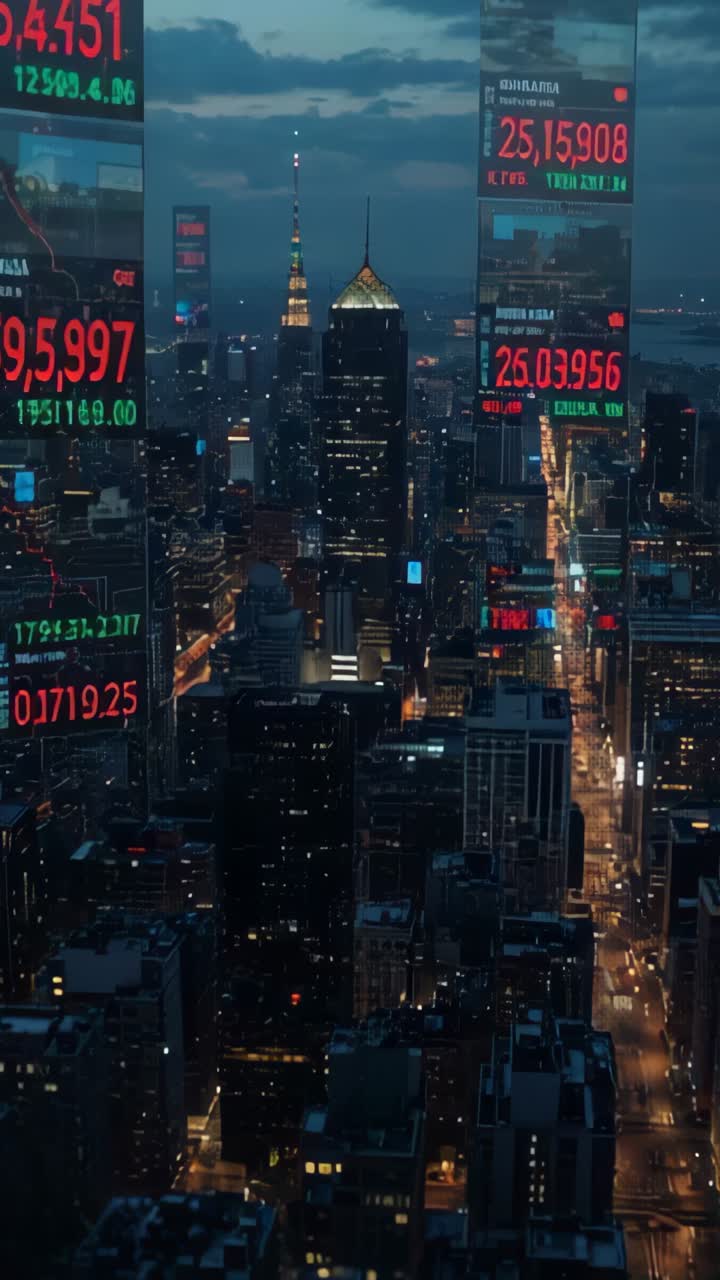 Vertical video: Revealing Midtown skyline as twilight falls with updating tickers and glowing tower