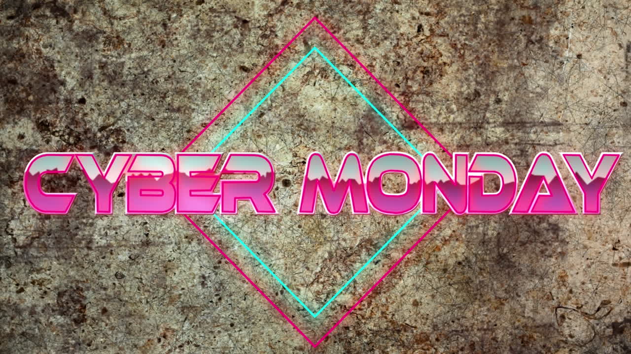 animación del texto de cyber monday sobre formas geométricas en movimiento
