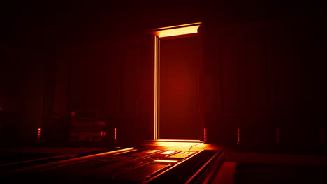 a glowing doorway in a dark room