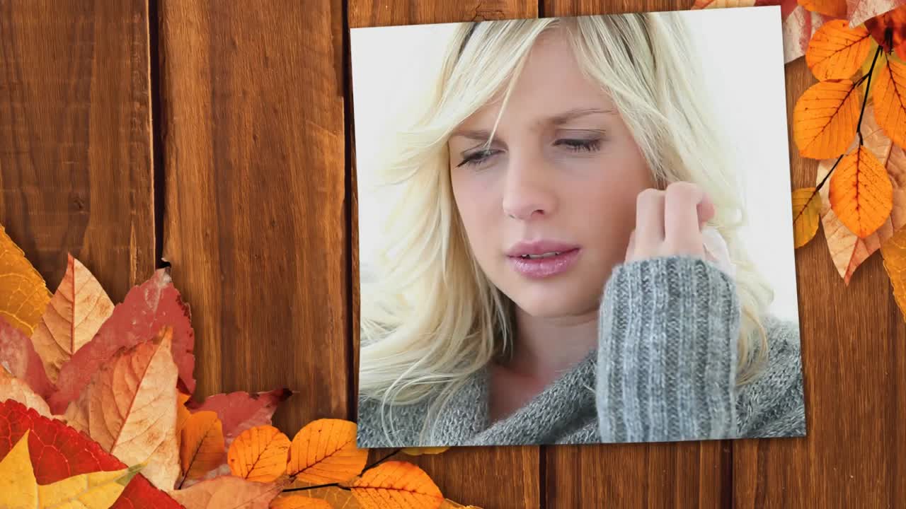 Sonbahar yaprakları ve ekranda portakal suyu içen hasta kadın 4K