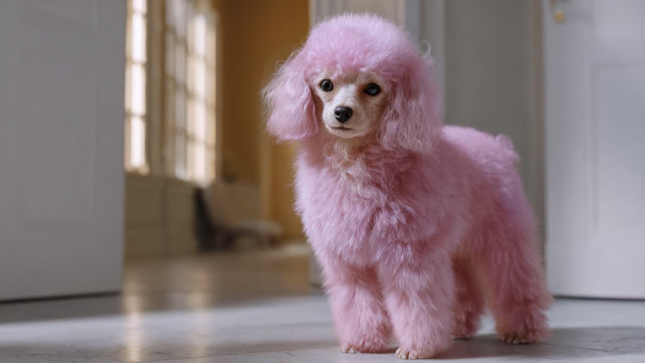 Un simpatico cane rosa posa in una stanza luminosa, mettendo in mostra il suo pelo soffice e la sua espressione affascinante, catturando il cuore di ogni amante degli animali nella scena