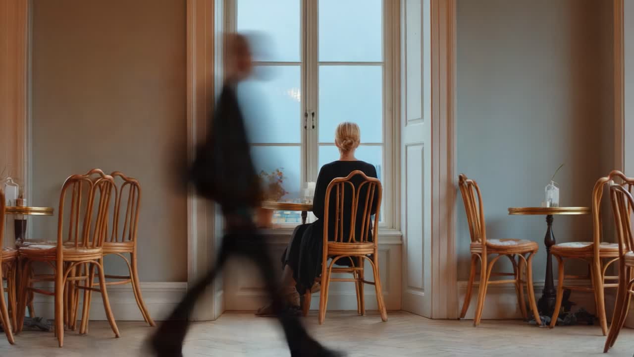 Un momento di solitudine: cattura l'essenza della riflessione in un accogliente bar con una donna che guarda fuori dalla finestra mentre la vita scorre.