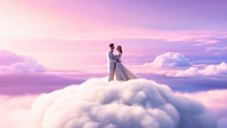 romantic couple embracing on a cloud in a dreamy pink and purple sky