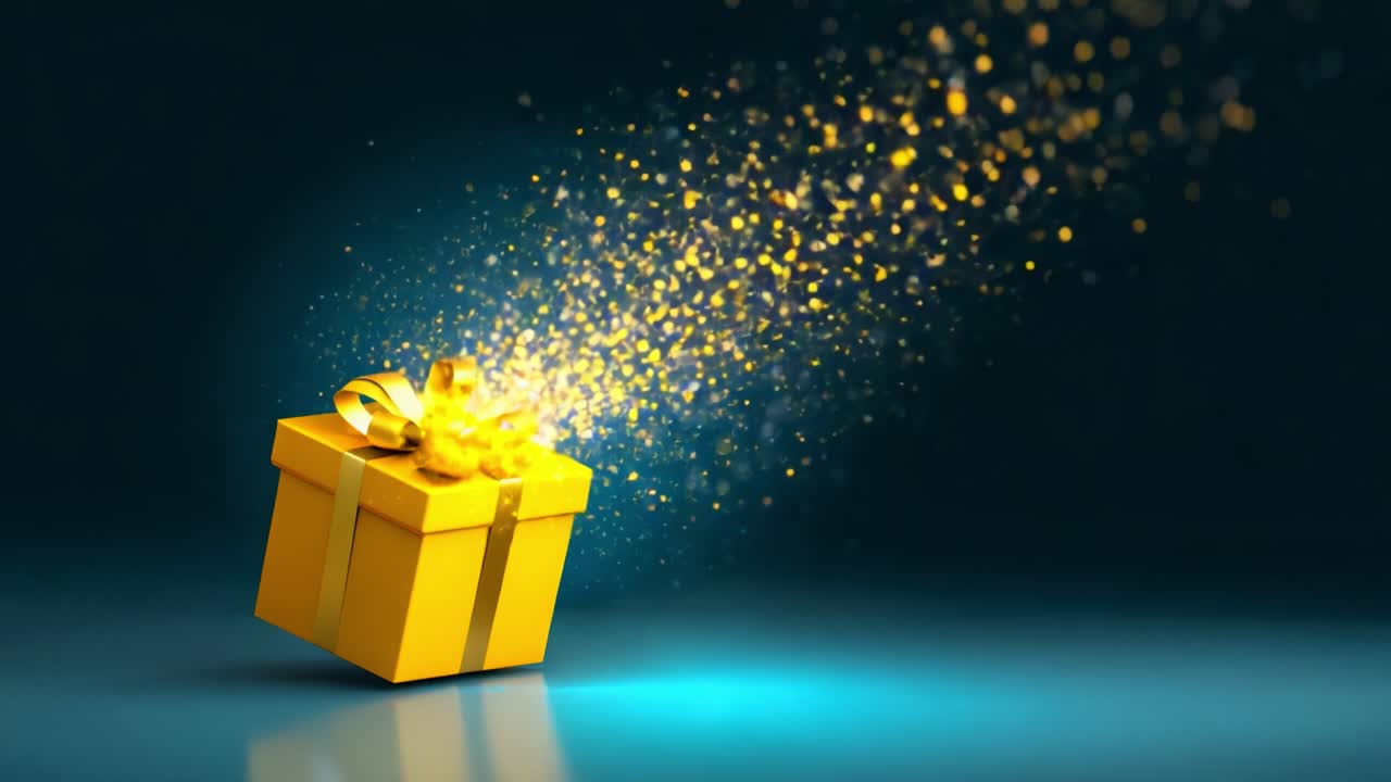 A Bright, Magical Experience Awaits: Stunning Visual of a Glimmering Yellow Gift Box Surrounded by Sparkling Golden Particles and Light Effects, Creating an Enchanting Atmosphere