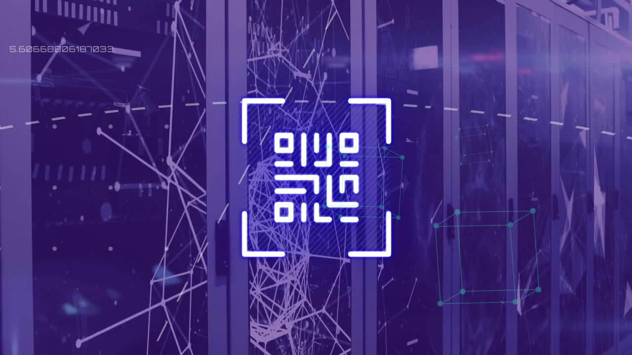 Animation of qr code and digital data processing over computer servers