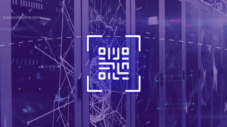 Animation of qr code and digital data processing over computer servers