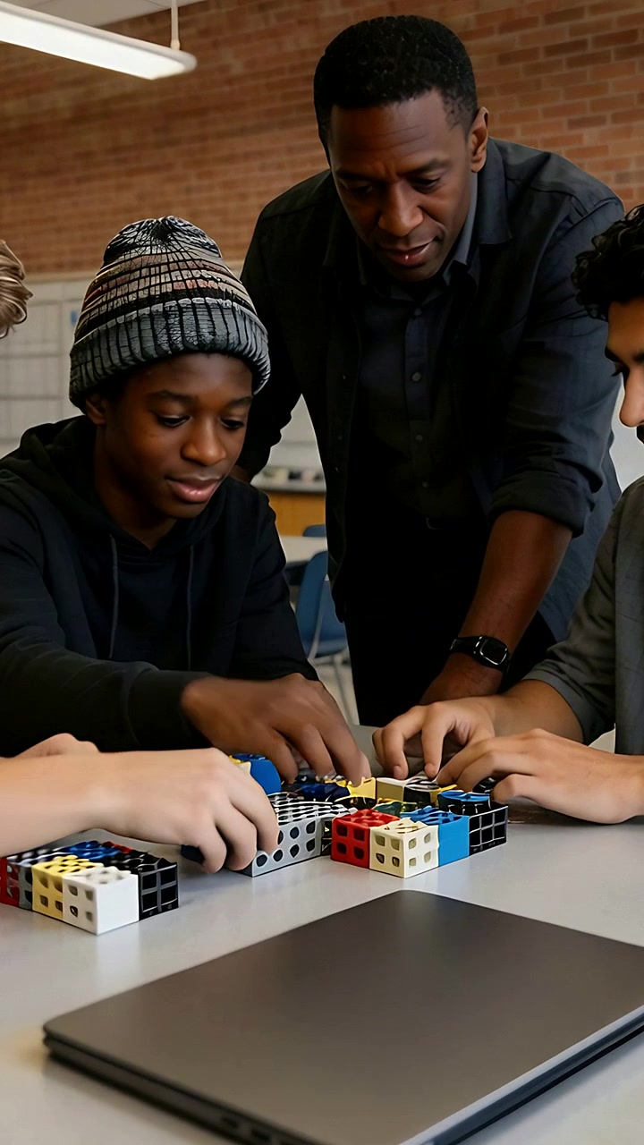Vertical video: Leaning mentor with watch urging teens building blocks in lab for class, laptop