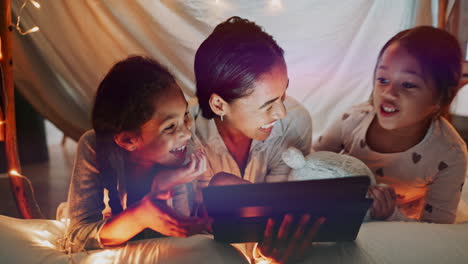 Children,-tablet-and-mother-with-her-girls