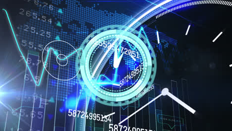 Animation-Einer-Tickenden-Neonuhr-über-Der-Verarbeitung-Statistischer-Und-Börsendaten-Vor-Der-Weltkarte