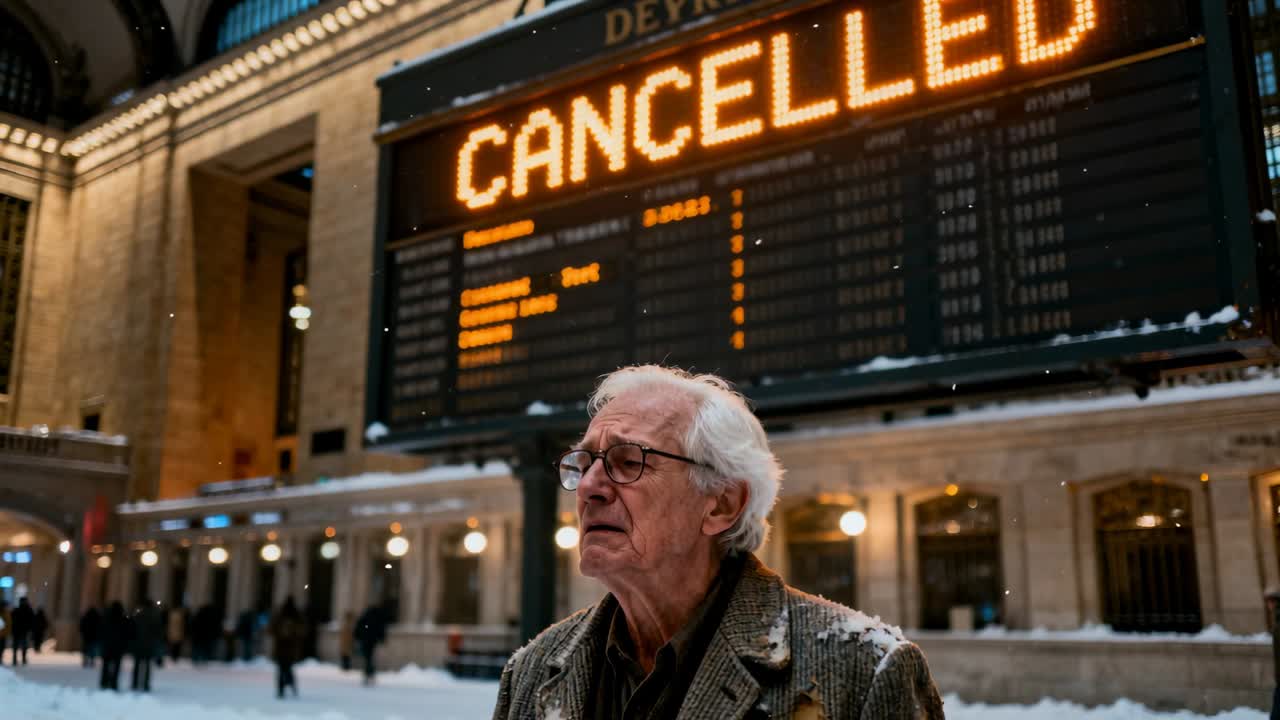 Homem idoso com cachecol a ler um painel que exibe CANCELADO numa estação após vários cancelamentos.