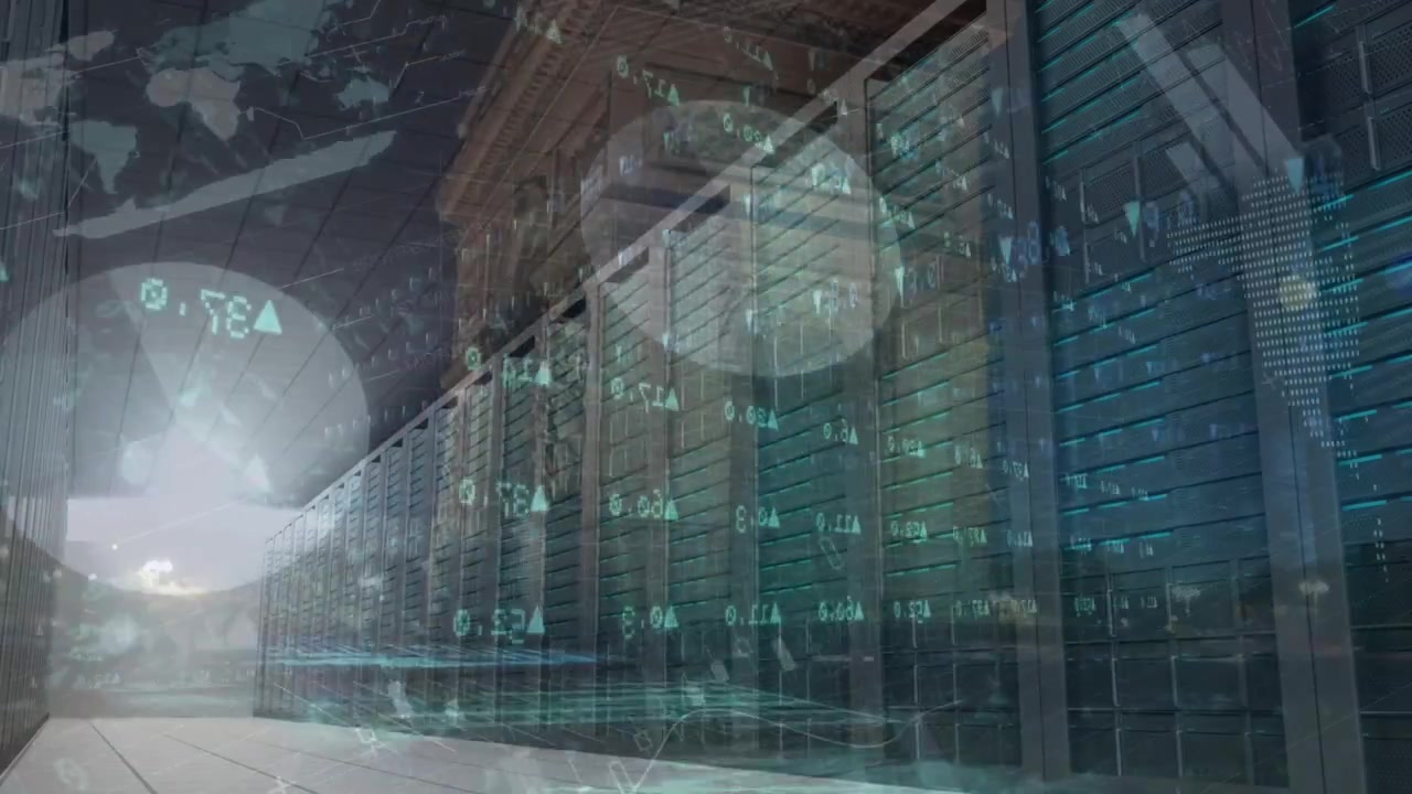 Animation of financial data processing over african american man in warehouse