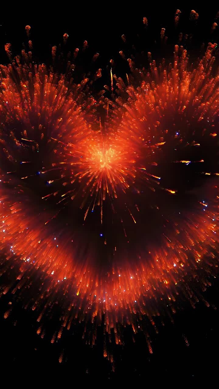 Aerial view of heart-shaped fireworks exploding against a dark sky, capturing the vibrant colors