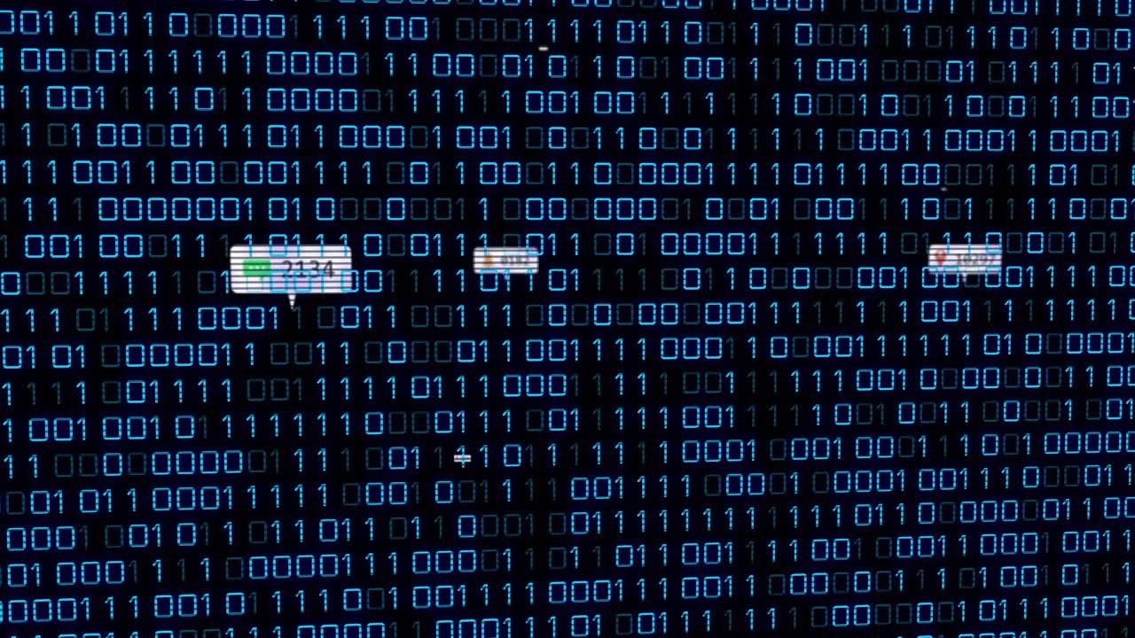 Data cards entering from left across blue binary grid, centering then dispersing, mapping progress