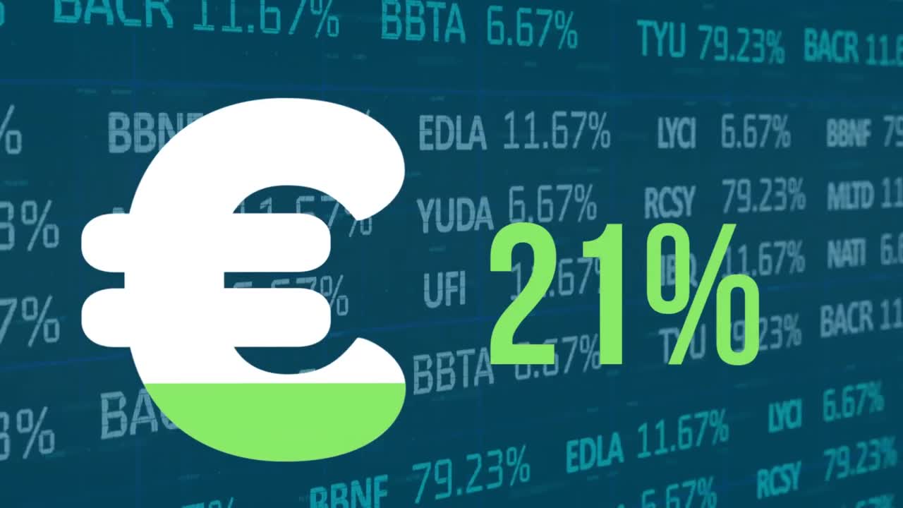 금융 데이터 처리에 대한 퍼센트와 함께 유로 기호의 애니메이션