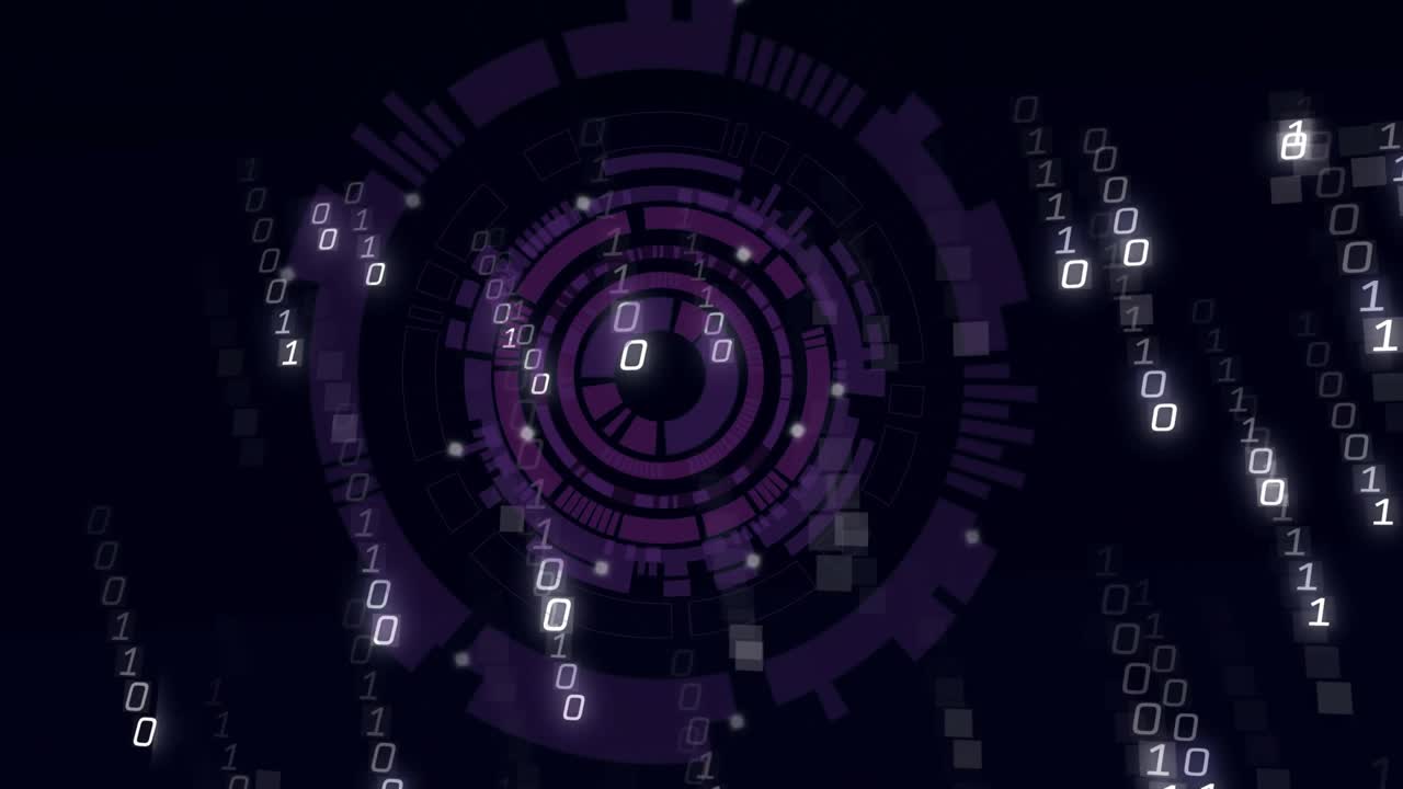 Purple ringed HUD reacting to falling bit streams rotating spiraling and showing data flow