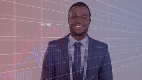 animation of graphs, changing numbers, african american man with measure tape around neck