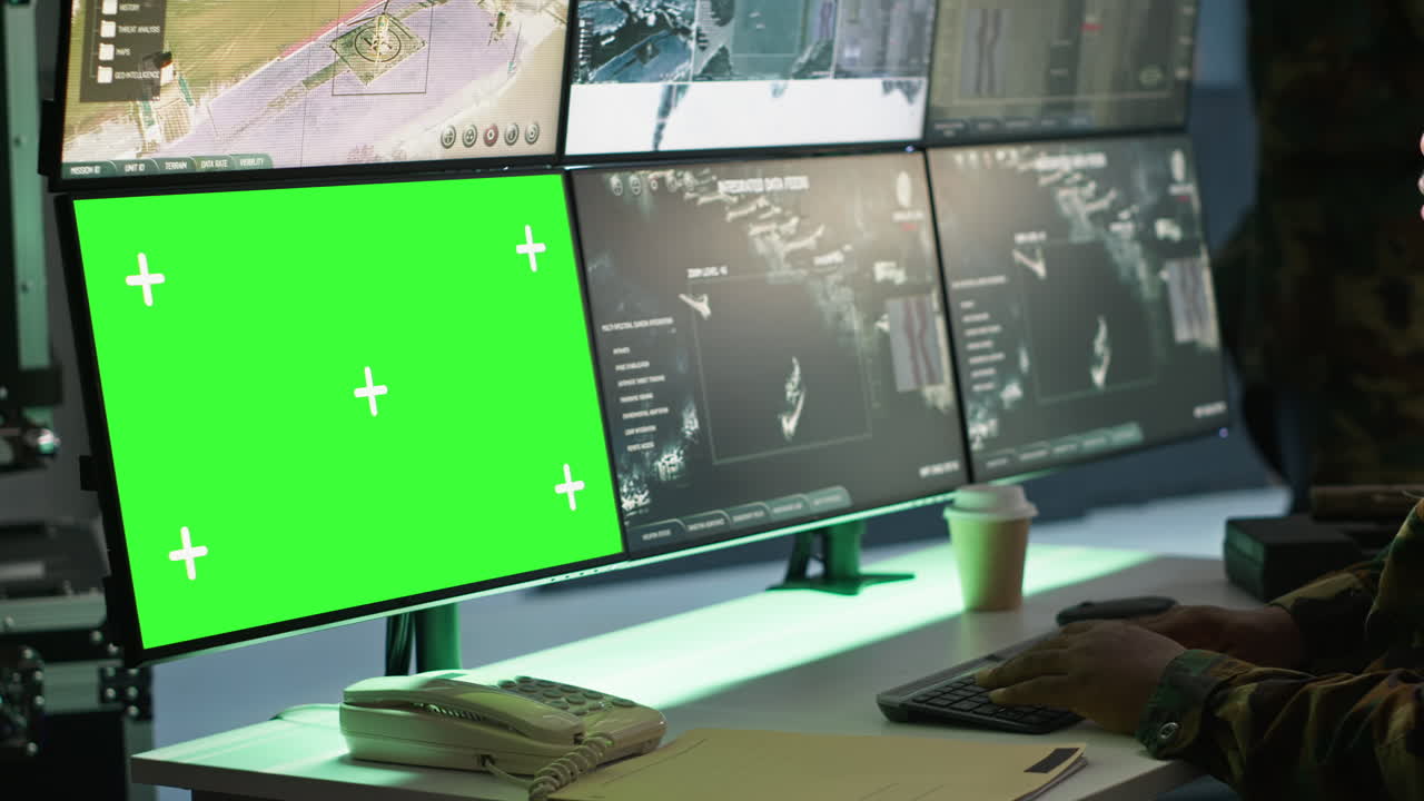 군사 전문가는 공격 구역을 살펴보기 위해 크로마 키 기어에 레이더를 사용합니다.