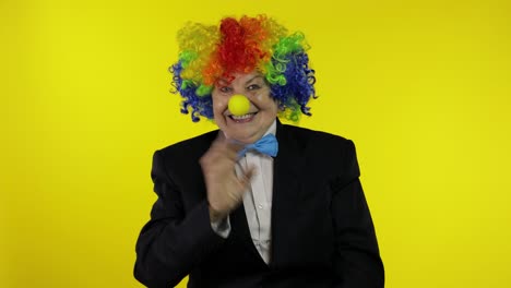 senior woman clown in wig having fun, smiling, waves her hands, show thumb up