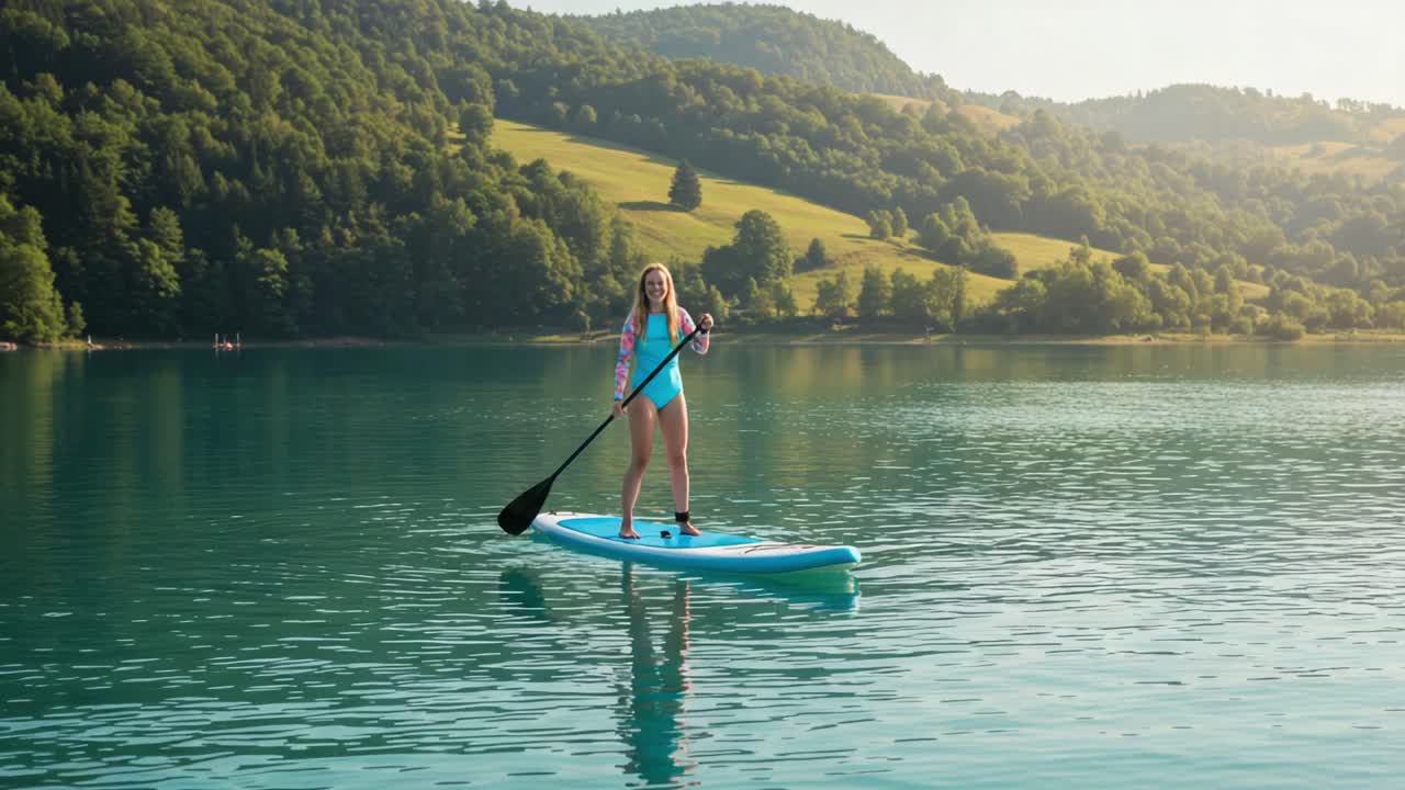 A Serene Day on the Water: Enjoying Stand-Up Paddleboarding Amidst Lush Green Hills and Tranquil Waters