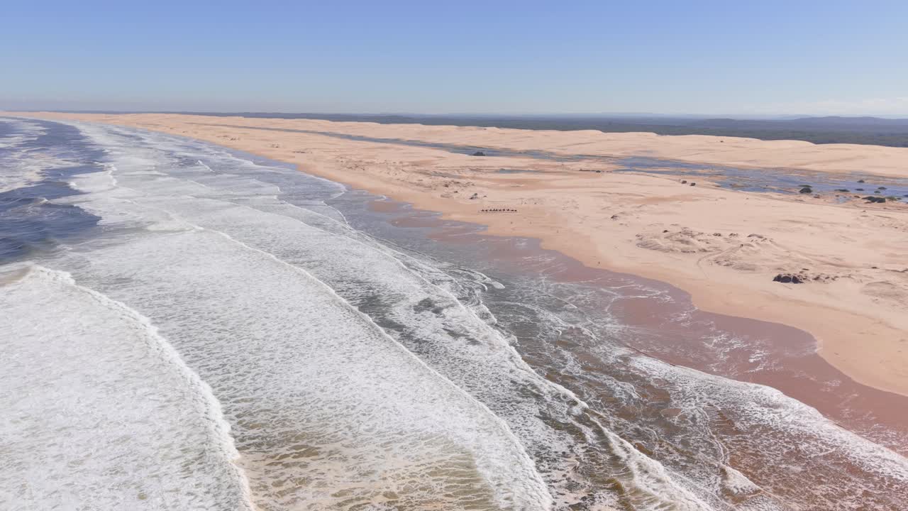 Camels walking along sandy Anna Bay beach shoreline at Port Stephens, New South Wales, aerial panoramic dolly