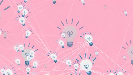 animation of network of connections with lightbulbs icons on pink background