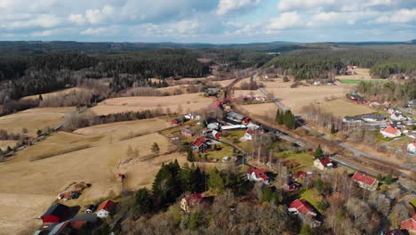 aerial panoramic view of rural houses at countryside in rävlanda, sweden