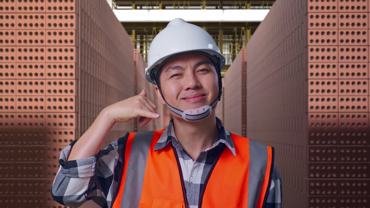 Smiling construction worker making a call gesture