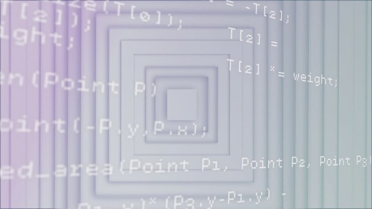Programming code overlay on gradient background with white geometric shapes animation