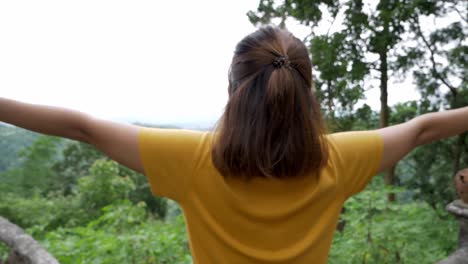 mujer con una camisa amarilla extendiendo sus manos dando la bienvenida a la belleza esta mañana brumosa como la cámara captura las imágenes de su espalda revelando un paisaje fantástico y una experiencia saludable