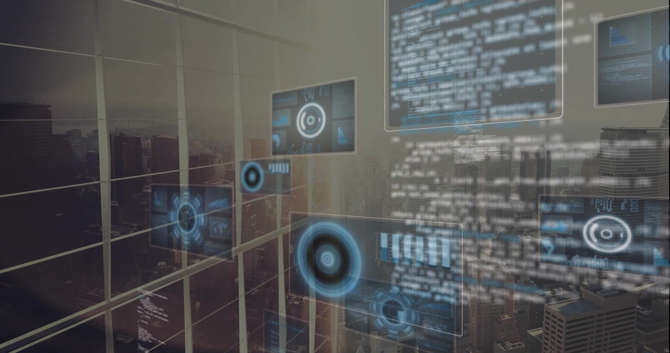 Animation of data processing over cityscape