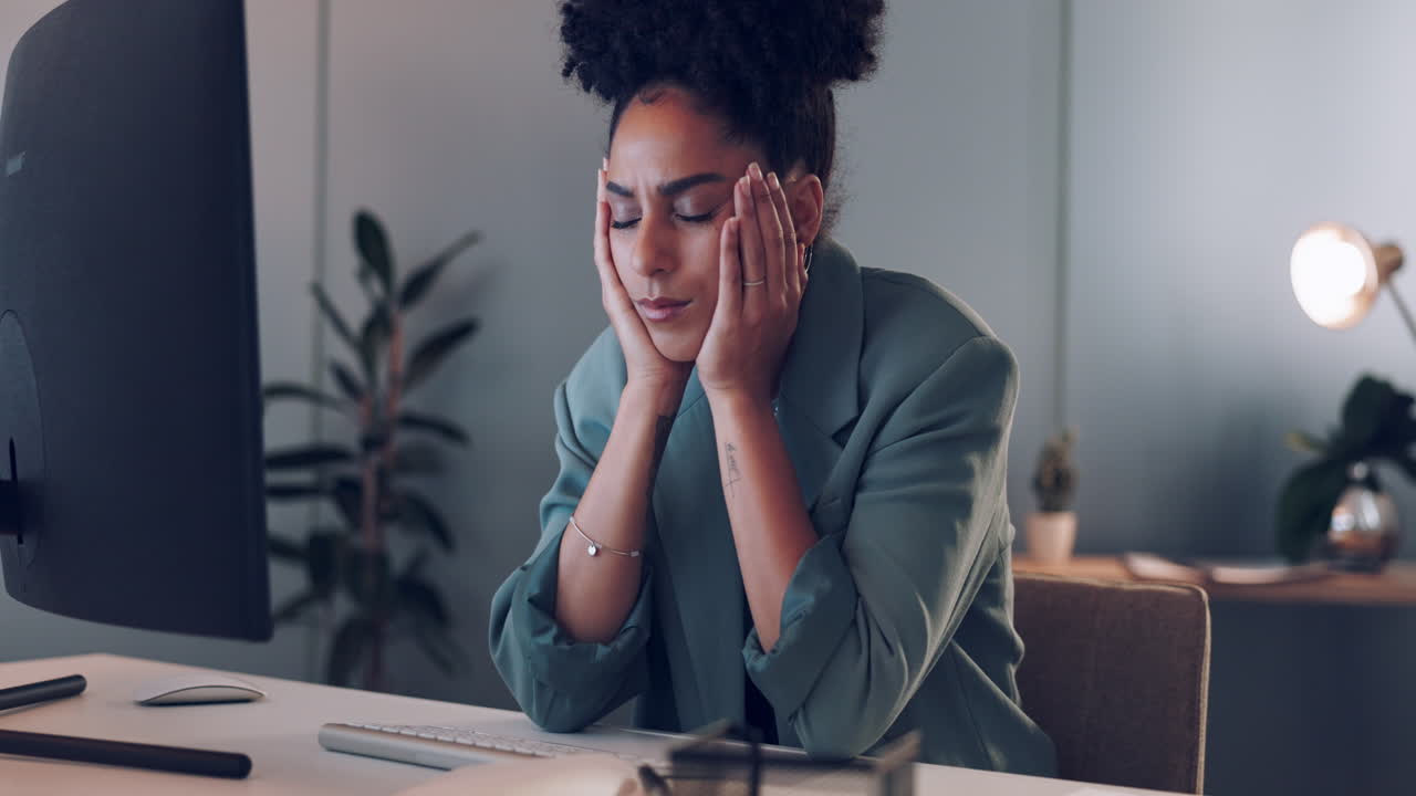 Business, computer and woman tired