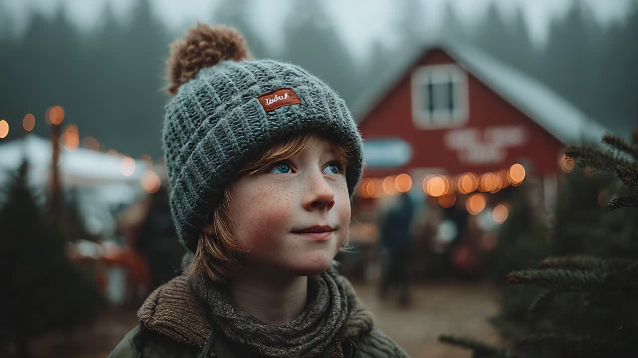 Thoughtful Boy in Winter Attire at a Festive Outdoor Scene Surrounded by Christmas Trees and Twinkling Lights Capturing the Essence of the Holiday Spirit