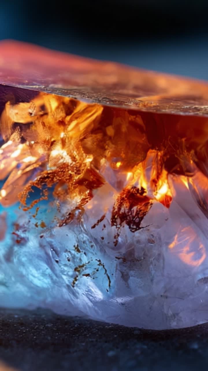 Primo piano vibrante di un cristallo brillantemente illuminato con dettagli intricati evidenziati da luce e colore in una visualizzazione astratta ipnotica.
