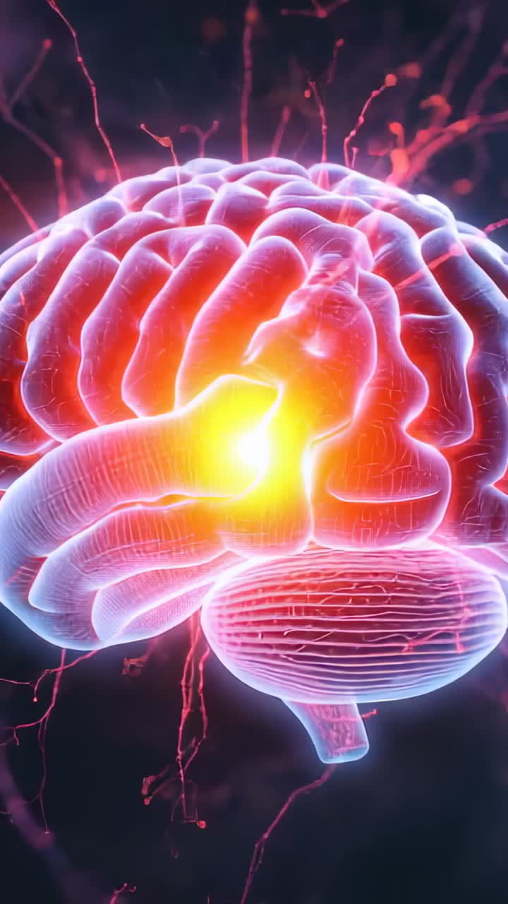 Vertical video: Glowing center on left side of rotating human brain in void, with pulsing filaments