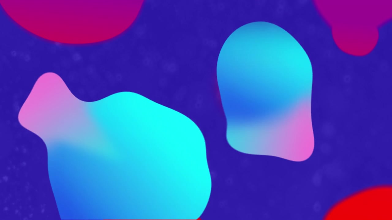Animation of blue, red and purple globules moving on blue background