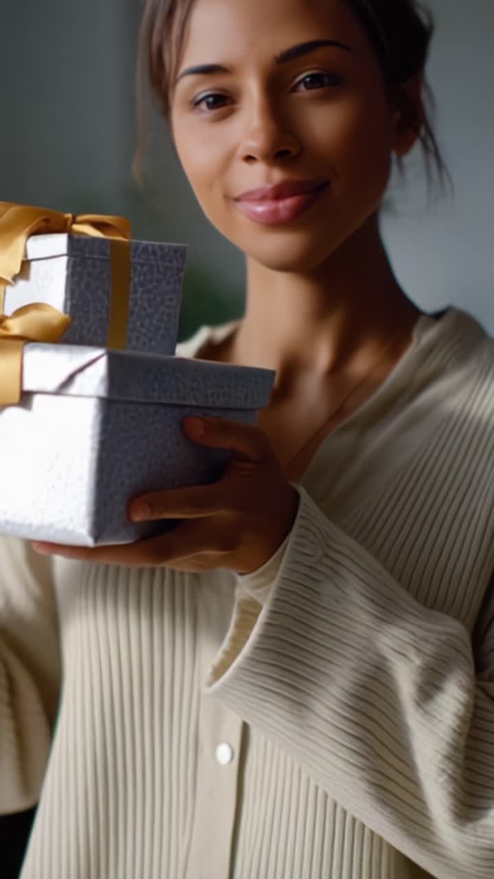 Una donna sorridente che tiene in mano regali splendidamente incartati con nastri dorati in un ambiente interno accogliente, irradiando gioia e attesa per i momenti di donazione.