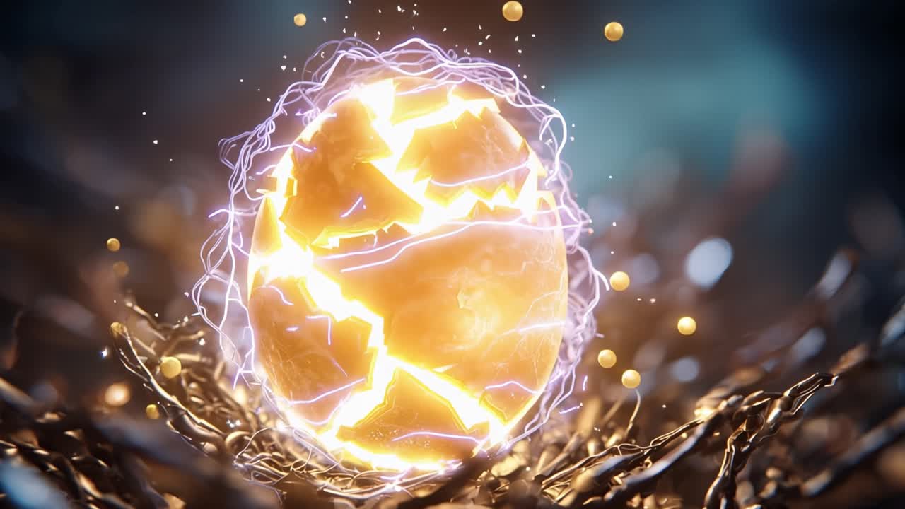 Un uovo dorato pulsa con energia crepitante. Archi elettrici danzano sulla sua superficie. Un tenue bagliore si irradia dal suo nucleo. Radici intrecciate cullano l'orbe luminoso. Energia mistica vortica attorno al suo guscio.