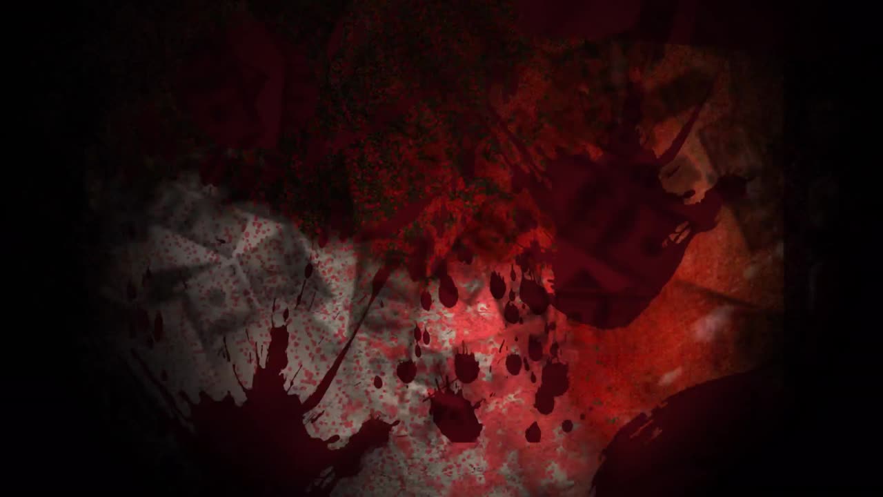 animación de sangre y formas aterradoras en fondo negro y naranja