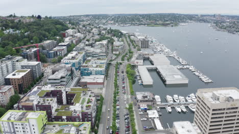 aerial shot flying over south lake union in seattle