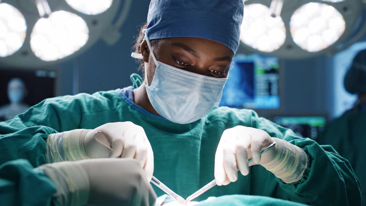 Un chirurgo dedicato esegue meticolosamente una delicata procedura chirurgica, mantenendo concentrazione e precisione, garantendo la migliore cura per il paziente in una sala operatoria ad alta tecnologia.