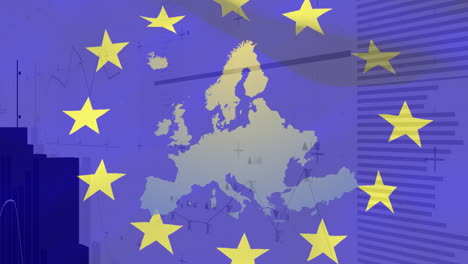 animation of financial data processing over map of europe and flag of eu