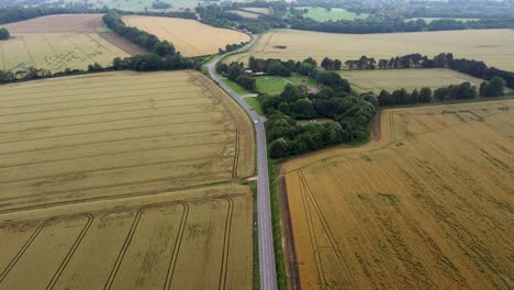 4K-Drohnenaufnahmen,-Die-Einer-Landstraße-In-Der-Mitte-Zweier-Felder-Folgen