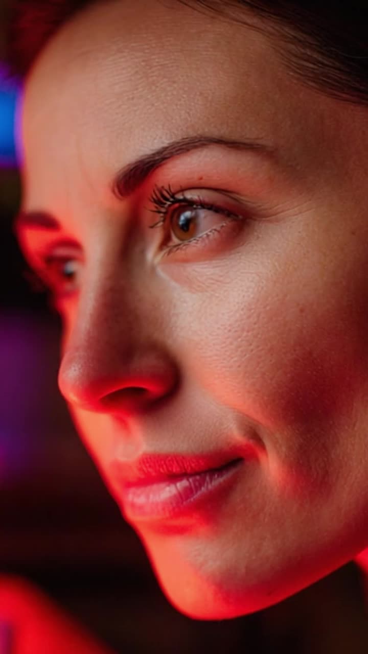 Close-up Portrait of a Woman Illuminated by Warm Red Light, Capturing Subtle Expressions and Details in a Contemplative Moment